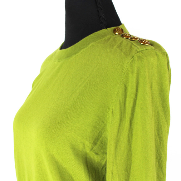 Tory Burch Knit Sweater Green Gold Logo Button Shoulder Long Sleeves Crewneck S - Picture 3 of 6